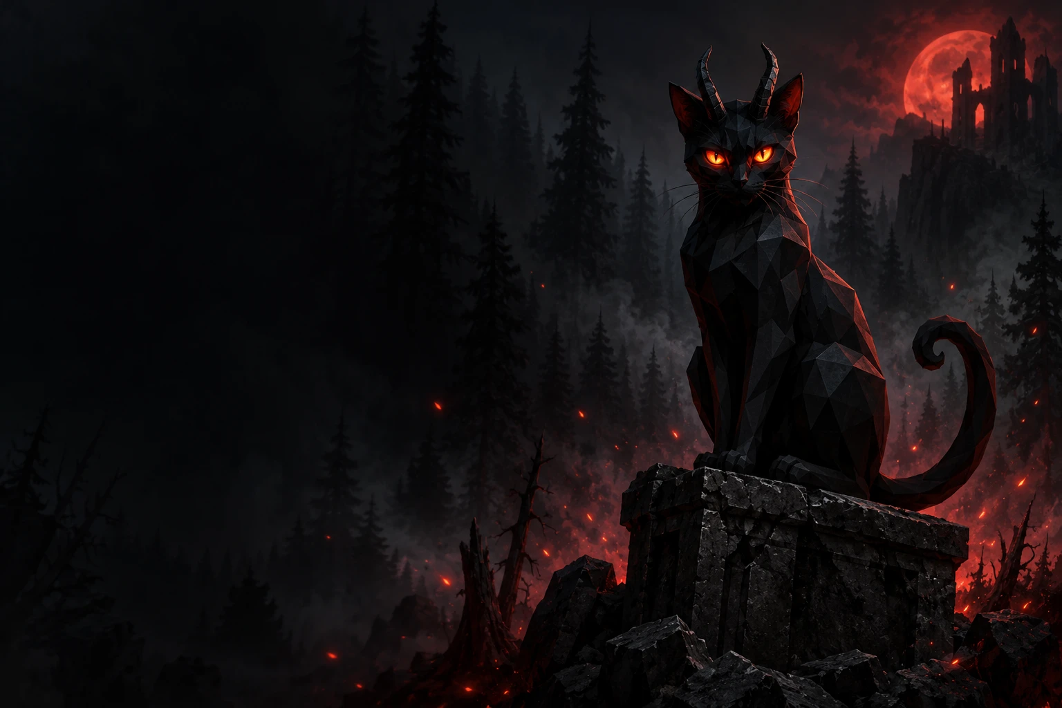 A horned black cat with ember eyes in a haunted forest